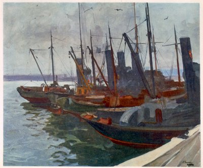 Minenräumer im Hafen, aus Britische Künstler an der Front, Fortsetzung der Westfront, 1918 von John Lavery