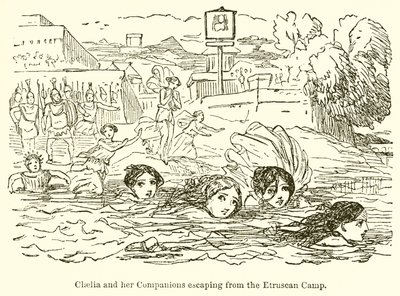 Cloelia und ihre Gefährtinnen fliehen aus dem etruskischen Lager von John Leech
