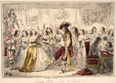 Abendgesellschaft - Zeit von Charles dem Zweiten, aus The Comic History of England, veröffentlicht 1864 (handkolorierte Radierung) von John Leech