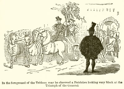Im Vordergrund des Tableaus ist ein Patrizier zu sehen, der sehr schwarz auf den Triumph des Generals blickt von John Leech
