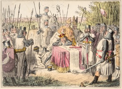 König Johann unterzeichnet die Magna Carta, aus The Comic History of England, veröffentlicht 1864 (handkolorierte Radierung) von John Leech