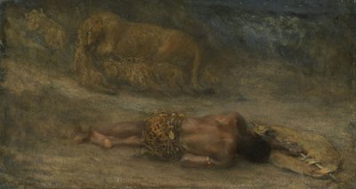 Eine Löwin mit ihren Jungen neben einem toten schwarzen Mann von John Macallan Swan
