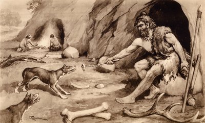 Höhlenmensch füttert Hund von John Macfarlane