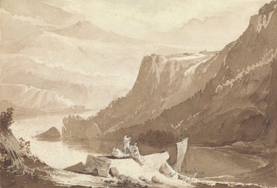Gebirgslandschaft mit Figuren und einem Felsen über einem See von John Martin