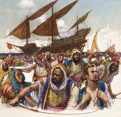 Gefangene von Arabern in Ketten vom Dock geführt, mit Dhow im Hintergrund von John Millar Watt