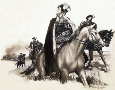 Unidentifizierte Königin verlässt eine rauchende Stadt unter Eskorte von John Millar Watt