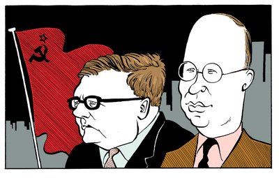 Dmitri Schostakowitsch mit Sergei Prokofjew mit sowjetischer Flagge von John Minnion