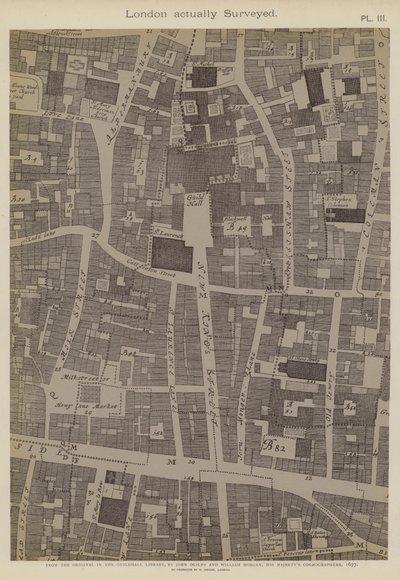 Karte eines Teils der City of London, die den Standort der Guildhall zeigt von John Ogilby