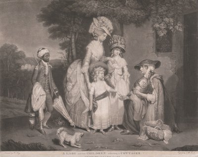 Eine Dame und ihre Kinder helfen einem Landbewohner von John Raphael Smith