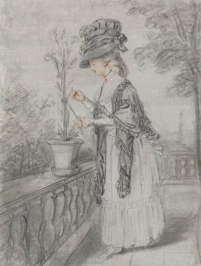 Dame auf einer Terrasse, die eine Nelkenpflanze pflegt von John Raphael Smith