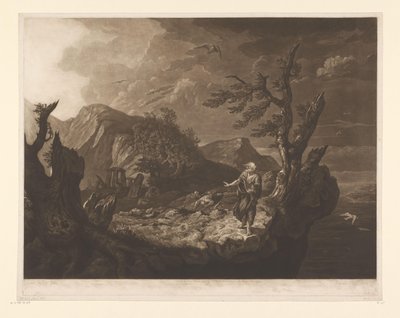 Stürmische Landschaft mit Barde am Rand einer Klippe von John Raphael Smith