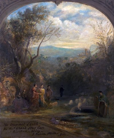 Die Originalskizze für die große Treppe in Newstead Abbey, Nottinghamshire, 1832 von John Rawson Walker