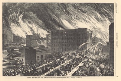 Chicago in Flammen - der Ansturm auf das Leben über die Randolph Street Bridge, Illustration aus Harpers Weekly, 1871 von John Reuben after Chapin