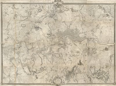 Eine Karte von London aus dem 18. Jahrhundert. Eine genaue Vermessung der Städte London, Westminster, des Stadtteils Southwark und des Landes in einem Umkreis von zehn Meilen, begonnen 1741 und beendet 1745 / von John Rocque, Landvermesser & (gestochen) v von John Rocque