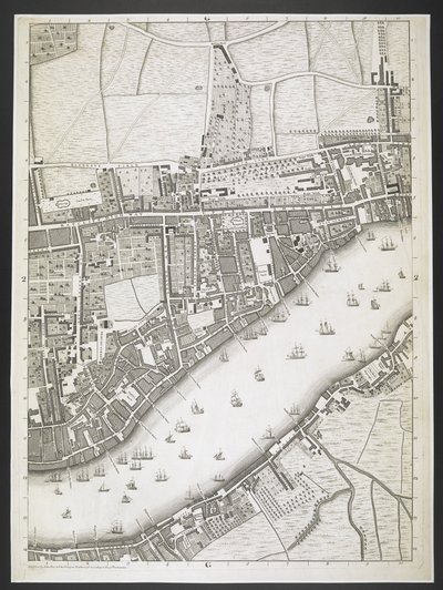 Plan von London, Ratcliff Highway, Upper Shadwell Road, ein Plan der Städte London und Westminster und des Stadtteils Southwark; aus einer tatsächlichen Vermessung, erstellt von JOHN ROCQUE, Landvermesser, und graviert von John Pine von John Rocque