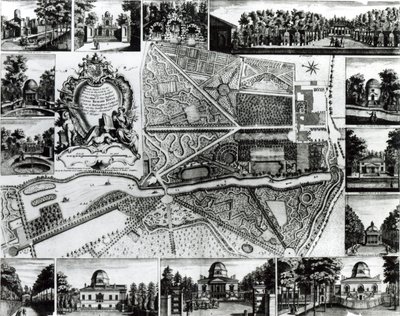 Plan des Gartens und Ansicht der Häuser in Chiswick am Thames von John Rocque