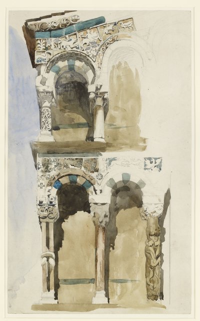 Teil der Fassade der zerstörten Kirche San Michele in Foro, Lucca, skizziert in Farbe, 30. Juni - 1. Juli 1846 von John Ruskin
