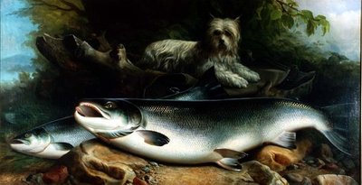 Bewachung des Tagesfangs; ein Skye Terrier mit einem Hahn und einer Henne von John Russell