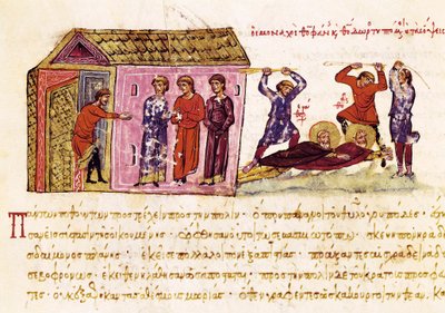 Die Mönche Theophanes der Bekenner (ca. 759-818) und Theodor der Studit (759-826) werden auf Befehl von Kaiser Theophilos ausgepeitscht, Miniatur aus „Synopsis historiarum“, ca. 1126-1150 von John Scylitzes