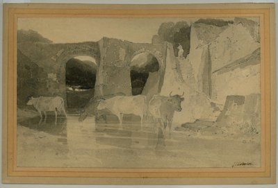 Brücke und Kühe, ca. 1803-04 (Bleistift mit Waschung auf Papier) von John Sell Cotman