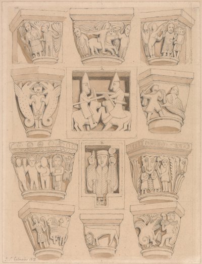 Kapitelle und A & B Basreliefs in der Abteikirche von Saint Georges de Bocherville, in der Nähe von Rouen, Normandie von John Sell Cotman