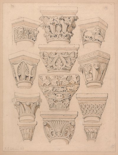 Kapitäle in der Abteikirche von St. Georges de Bocherville, in der Nähe von Rouen, Normandie von John Sell Cotman