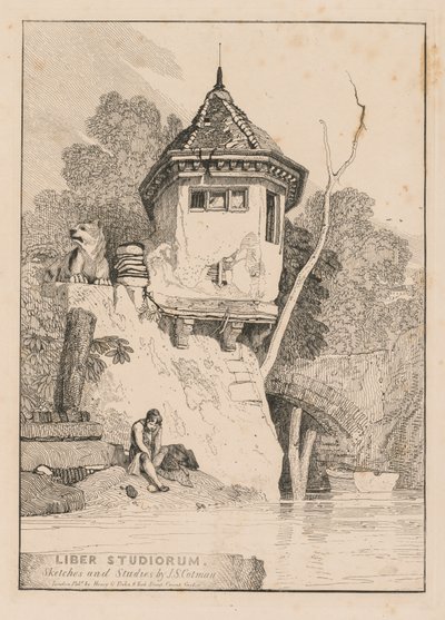 Liber Studiorum; Frontispiz, Ansicht eines Gartenhauses am Ufer des Flusses Yare von John Sell Cotman