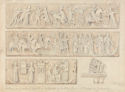 Skulptur auf einer Suite von Kapitellen im Kreuzgang der Abteikirche Saint Georges de Bocherville, in der Nähe von Rouen, Normandie von John Sell Cotman