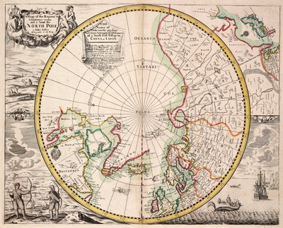 Polare Projektionskarte mit dem Polarkreis, ca. 1680 (farbige Gravur) von John Seller