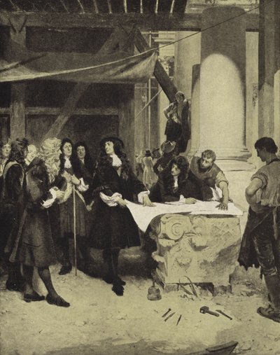 König Karl II. besucht Sir Christopher Wren während des Baus der St. Paul