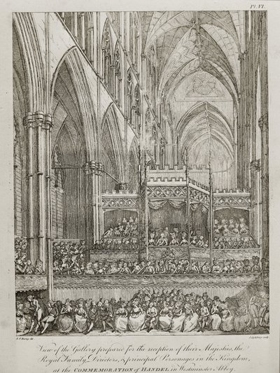 Konzert zum Gedenken an den 25. Todestag von Georg Friedrich Händel (1685-1759) - Ansicht der Galerie, die für den Empfang ihrer Majestäten der königlichen Familie vorbereitet wurde von John Spilsbury