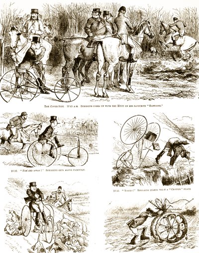 Eine Karikatur eines Mannes, der auf einem Dreirad jagt. Illustriert von John Tenniel (1820-1914), einem englischen Illustrator, Grafik-Humoristen und politischen Karikaturisten von John Tenniel
