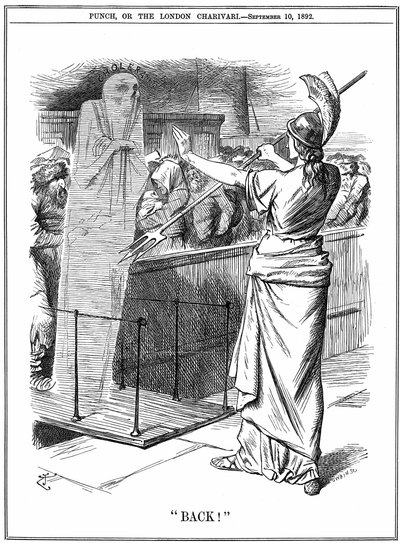 Britannia hält Cholera an britischen Häfen zurück. Beim Ausbruch von 1892 starben etwa 260.000 in Russland und 7.600 in Hamburg. Die Epidemie wurde in Großbritannien verhindert. John Tenniel Karikatur aus Punch London, 10. September 1892. von John Tenniel