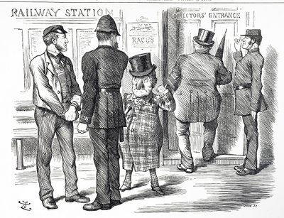 Karikatur über die Forderungen nach einem Blocksystem-Signal, das auf den britischen Eisenbahnen verpflichtend eingeführt werden soll von John Tenniel