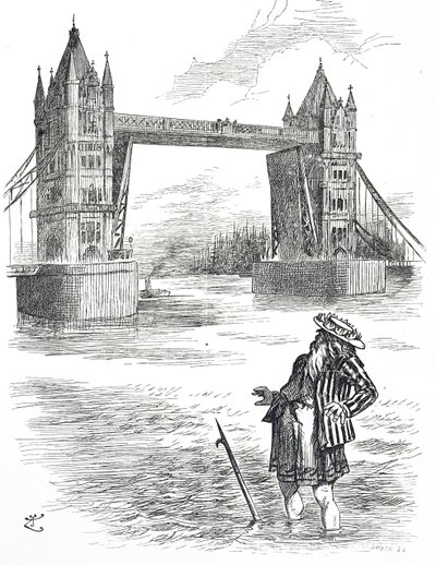 Karikatur von Vater Thames, der die Tower Bridge in London bewundert von John Tenniel