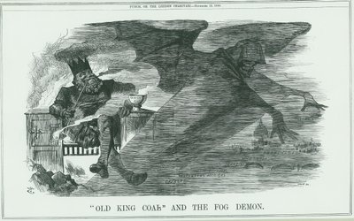 Auswirkungen des Verbrennens von Old King Coal auf London. Der Nebel verursachte Asthma, Bronchitis, Pneumonie, Pleuritis usw. John Tenniel Karikatur aus Punch, London von John Tenniel