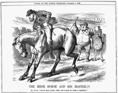 Mr. Punch sagt John Bull, er solle Charles Stewart Parnell (1846-1891), irischer Politiker, ignorieren, da er sicher scheitern wird, wenn er das irische Pferd reitet. John Tenniel Karikatur aus Punch, London, 5. September 1885. Gravur von John Tenniel