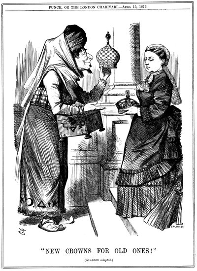 Neue Kronen für alte!, Benjamin Disraeli bietet Königin Victoria die Krone von Indien an, 1876 von John Tenniel