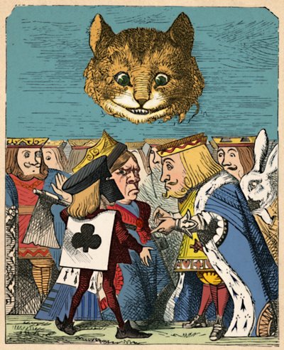 Die Grinsekatze schaut auf den Roten König und die Rote Königin, die streiten, 1889 von John Tenniel