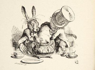 Der verrückte Hutmacher und der März-Hase stecken die Schlafmaus in die Teekanne, aus Alice im Wunderland von Lewis Carroll, veröffentlicht 1891 von John Tenniel