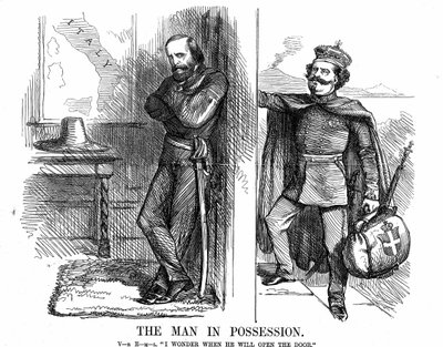 Vereinigung Italiens: Viktor Emanuel II., erster König von Italien ab Februar 1861, klopft an die Tür von Neapel, das Garibaldi mit seinen Rothemden im Namen des neuen Königreichs Italien erobert hat. John Tenniel Karikatur aus Punch von John Tenniel