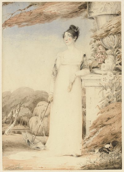 Porträt von Ann Miles, später Mrs. John Sell Cotman, ganzfigurig, ihre rechte Hand hält einen Sonnenschirm, ihr linker Arm ruht auf einem Sockel, 1805 von John Thirtle