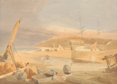 Küstenszene mit Segelschiff am Kai von John Thirtle