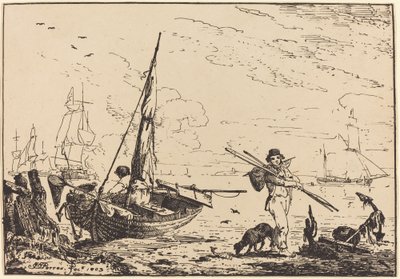 Marine: Fischerboote am Ufer, Mann mit Rudern, Schiff in der Ferne von John Thomas Serres