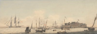 Ansicht von Castle Cornet, Guernsey, Kanalinseln, mit Schiffen von John Thomas Serres