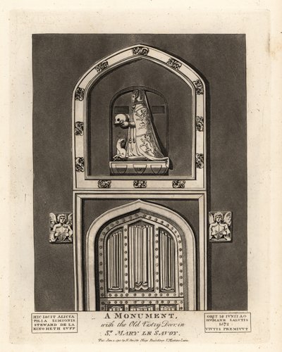 Grabfigur von Alicia, Tochter von Simon Steward, mit der alten Sakristeitür in St. Mary le Savoy von John Thomas Smith