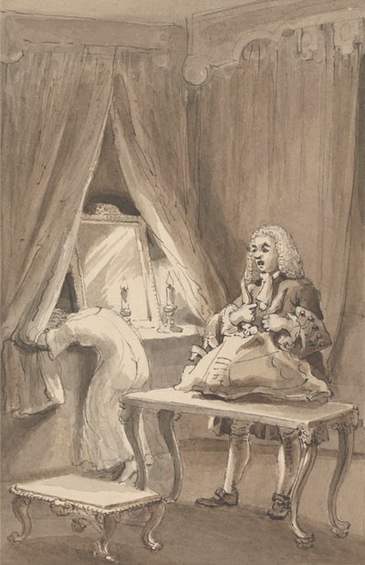 Hogarth, nachdem seine Frau ein neues Nachthemd angezogen hatte, packt ihre Sachen, um sie an Sir James Thornhill zu senden, mit einem Brief, in dem er ihm sagte, 