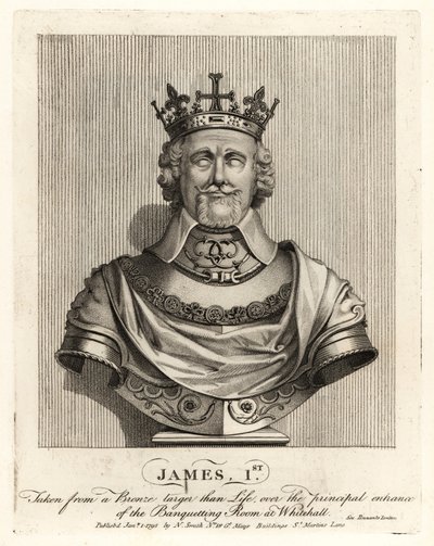 König James I. von England, entnommen von einer Bronzebüste über dem Eingang des Bankettsaals in Whitehall von John Thomas Smith