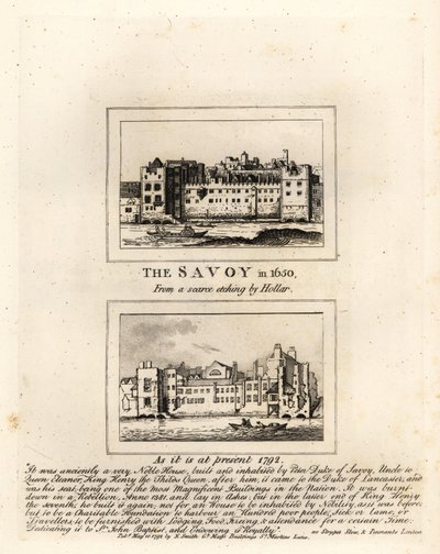 Das Savoy Hospital im Jahr 1650 nach einem Druck von Wenceslaus Hollar und in Ruinen im Jahr 1792 von John Thomas Smith