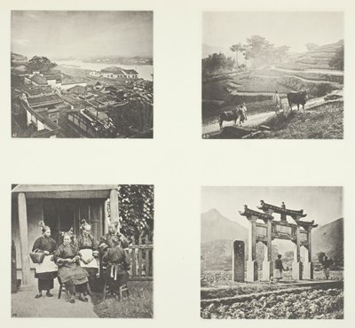 Teil der Foochow-Ausländersiedlung, Terrassierung der Hügel, Foochow-Feldfrauen, ein Gedenkbogen, um 1868 von John Thomson
